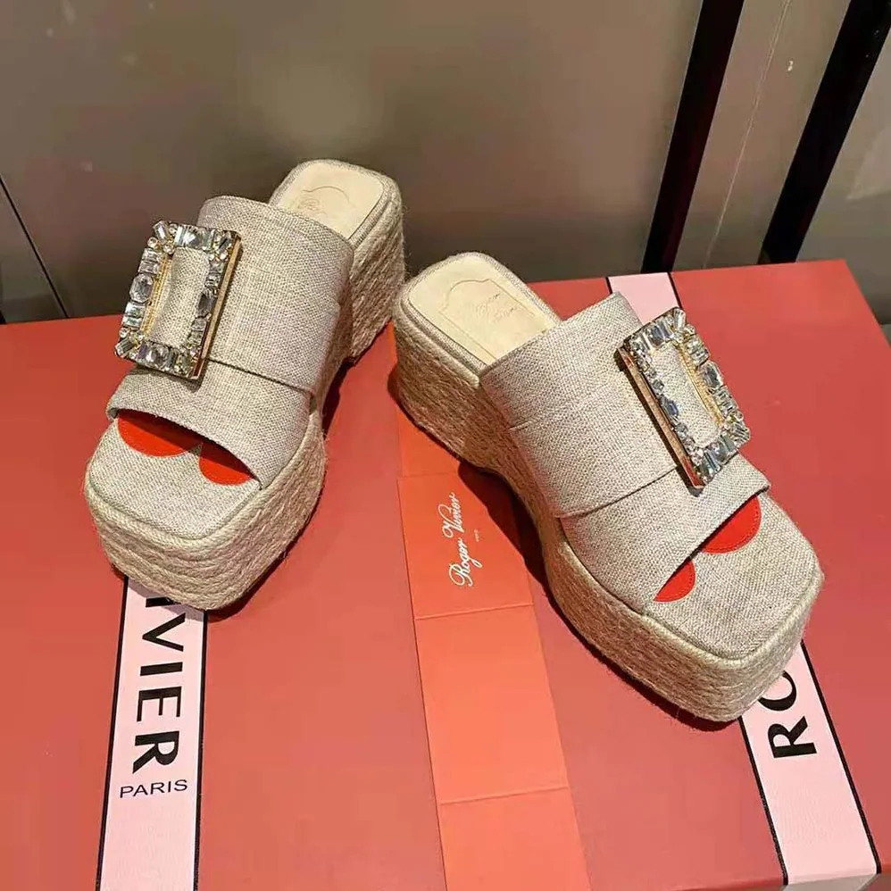 Roger Vivier Strass Buckle Espadrille Platform Mules in Fabrics for Women Roger Vivier Strass Buckle Espadrille Platform Mules in Fabrics for Women