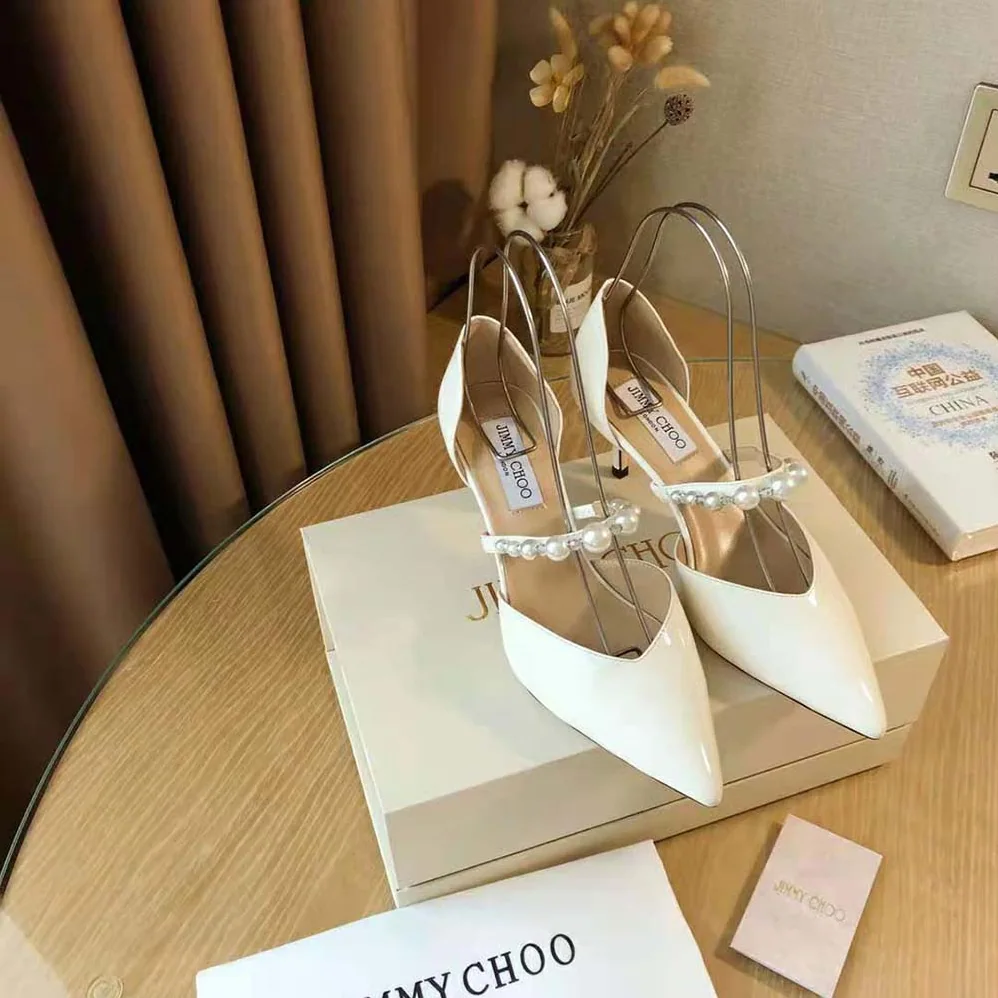 Jimmy Choo Aurelie 85 Latte Patent Leather Pointed Pumps with Pearl Embellishment for Women Jimmy Choo Aurelie 85 Latte Patent Leather Pointed Pumps with Pearl Embellishment for Women