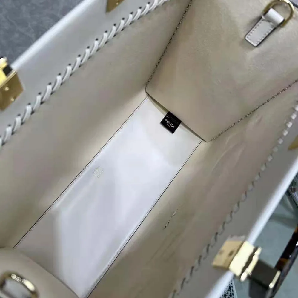 Fendi Sunshine Medium White Leather Shopper with Decorative Stitching for Women Fendi Sunshine Medium White Leather Shopper with Decorative Stitching for Women