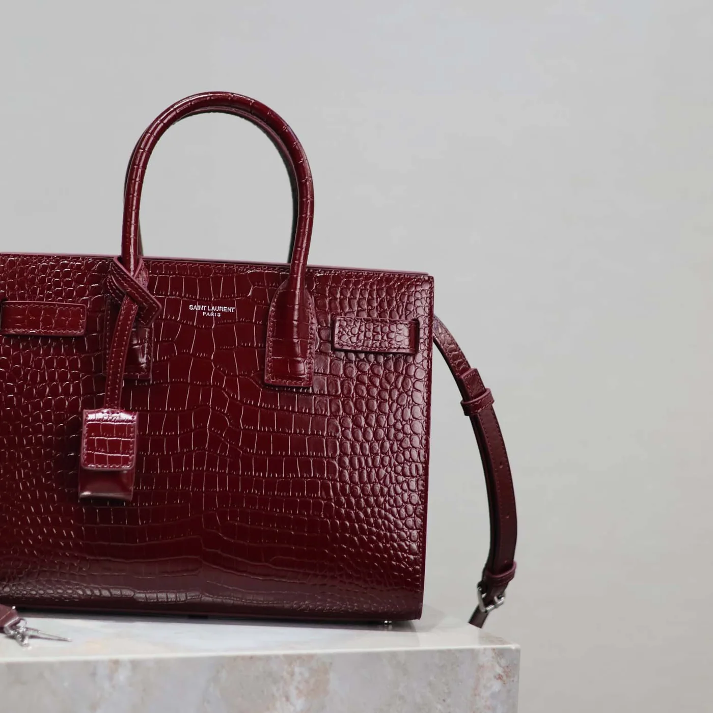 Saint Laurent YSL Sac De Jour in Embossed Crocodile Leather Baby for Women in Maroon Saint Laurent YSL Sac De Jour in Embossed Crocodile Leather Baby for Women in Maroon