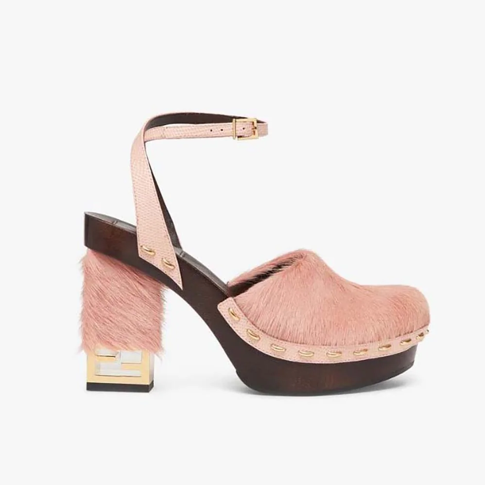 Fendi Baguette Show Pink Pony Hair High for Women in Heeled Clogs Fendi Baguette Show Pink Pony Hair High for Women in Heeled Clogs
