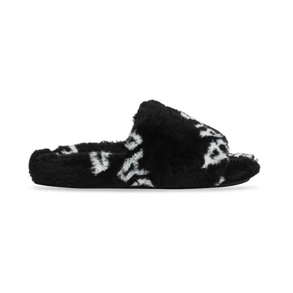 Balenciaga Furry Slide Sandal Allover Logo in Black and White Fake Fur for Women Balenciaga Furry Slide Sandal Allover Logo in Black and White Fake Fur for Women
