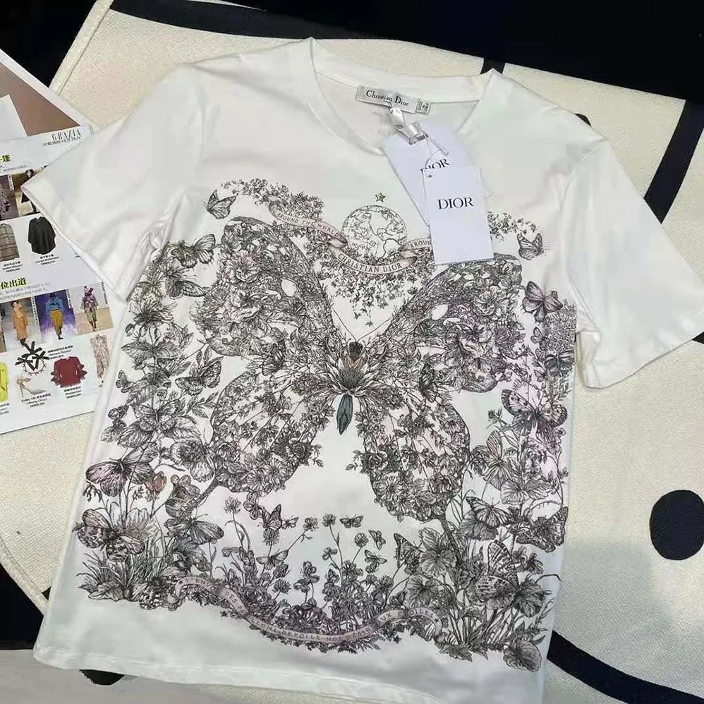 Dior T-Shirt White Cotton and Linen Jersey with Pastel Pink Butterfly Around The World Motif for Women