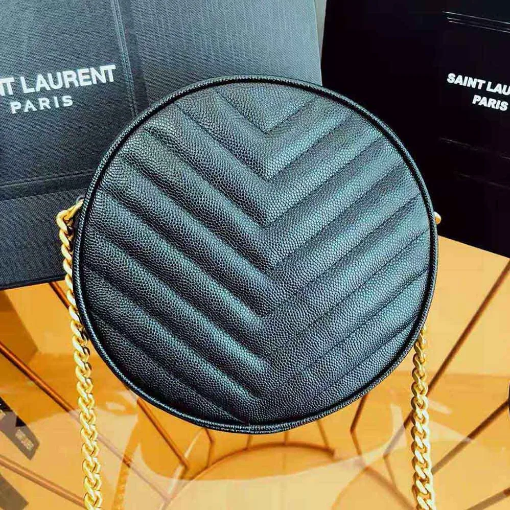 Saint Laurent YSL Vinyle Round Camera Bag in Chevron-Quilted Grain de Poudre Embossed Leather for Women in Black Saint Laurent YSL Vinyle Round Camera Bag in Chevron-Quilted Grain de Poudre Embossed Leather for Women in Black