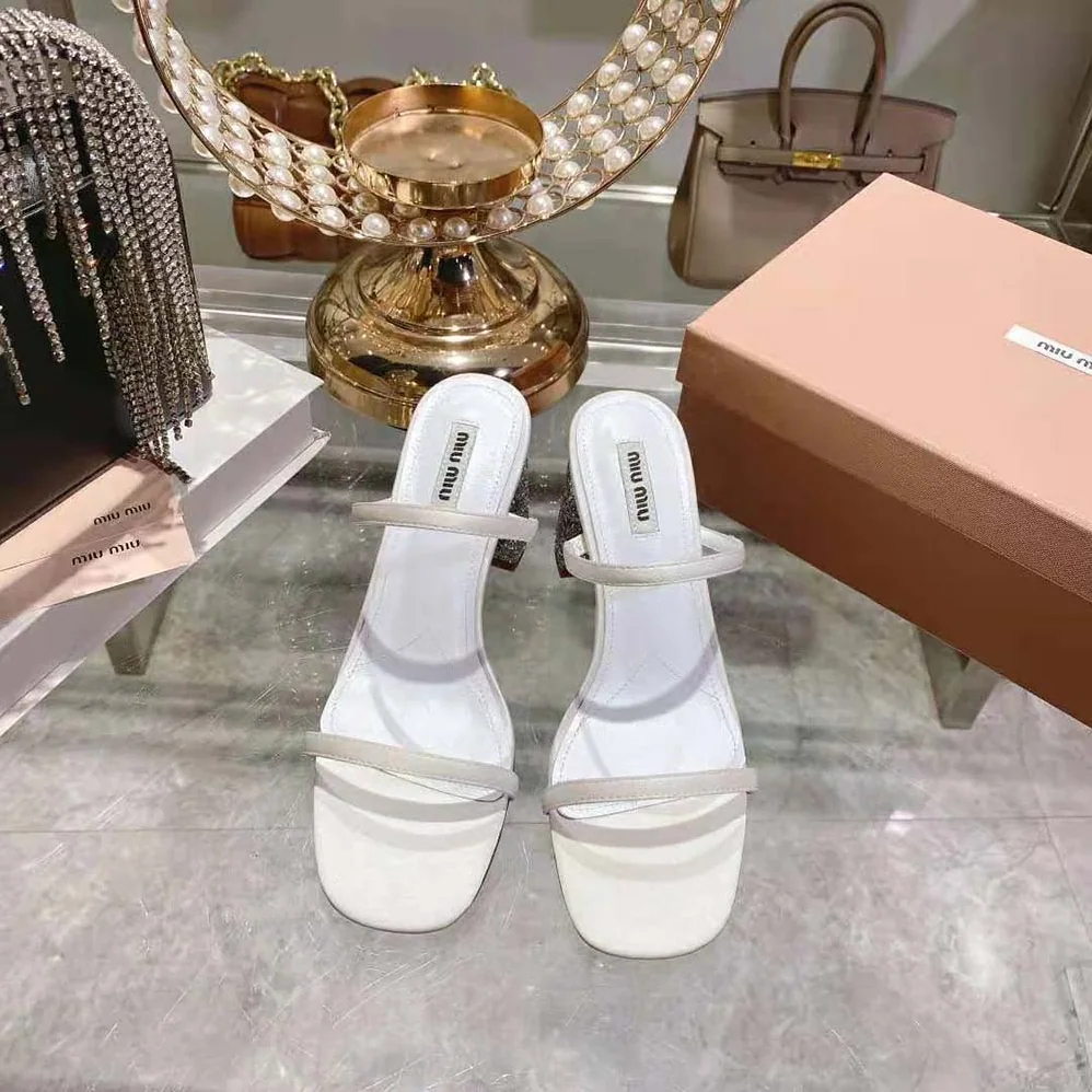 Miu Miu Satin and Glitter Slides in 85 mm Heel Height for Women in White Miu Miu Satin and Glitter Slides in 85 mm Heel Height for Women in White