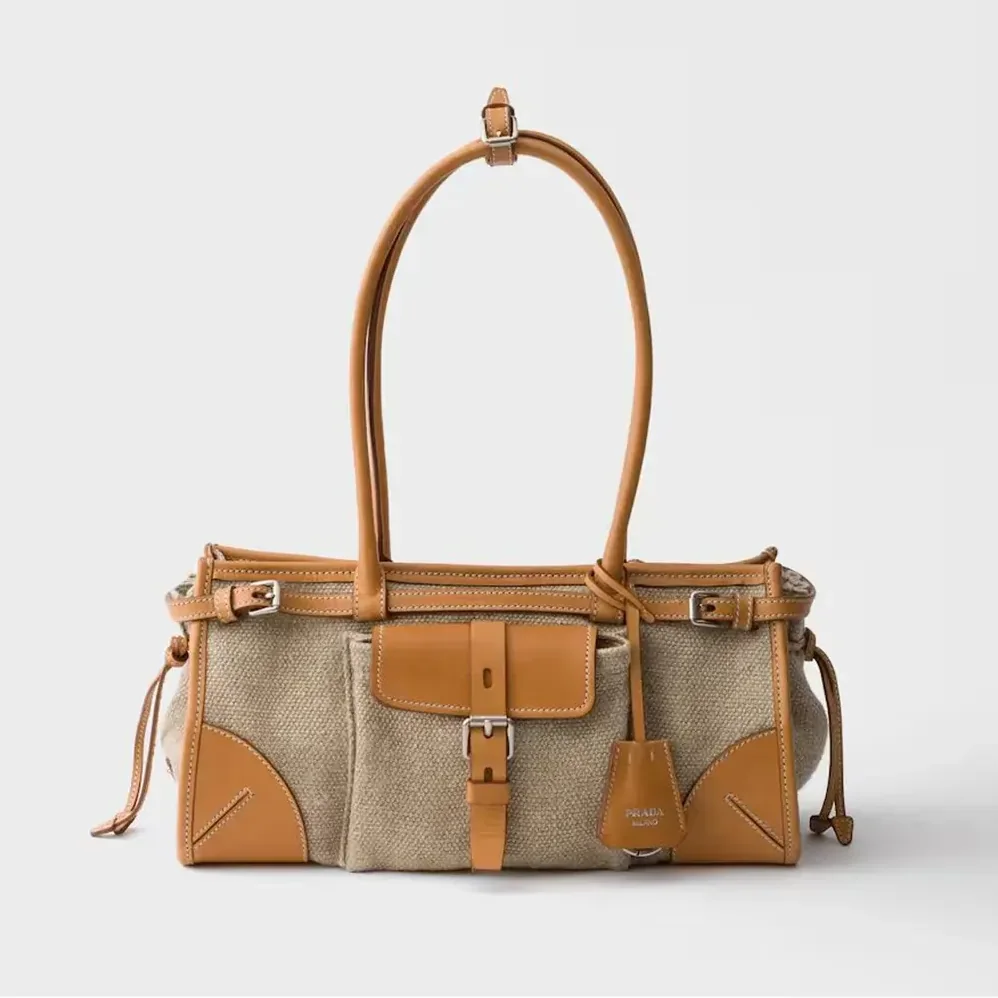 Prada Bonnie Medium Linen and Leather Handbag for Women Prada Bonnie Medium Linen and Leather Handbag for Women
