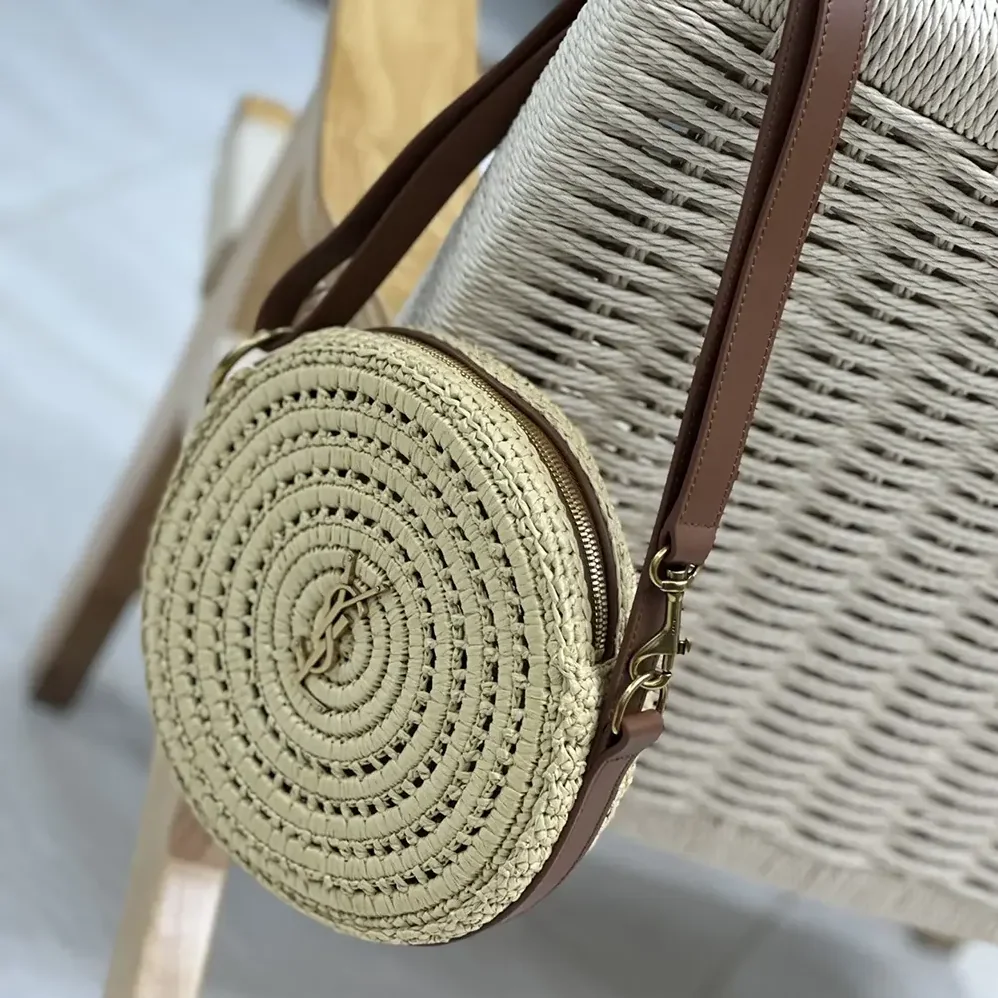 Saint Laurent YSL Round Bag in Raffia and Vegetable for Women in Tanned Leather Saint Laurent YSL Round Bag in Raffia and Vegetable for Women in Tanned Leather