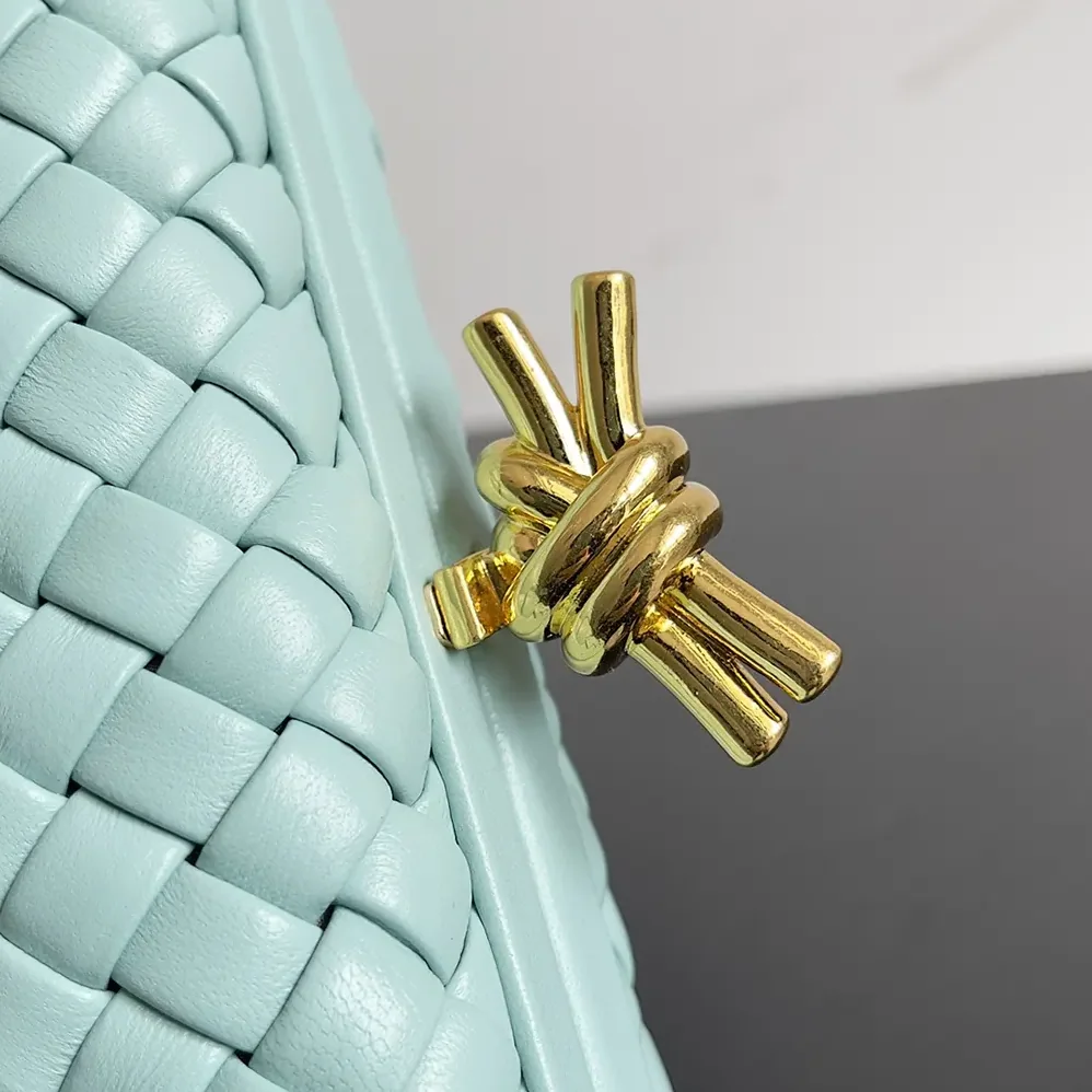 Bottega Veneta Knot Minaudière Clutch in Calfskin Leather for Women in Light Blue Bottega Veneta Knot Minaudière Clutch in Calfskin Leather for Women in Light Blue