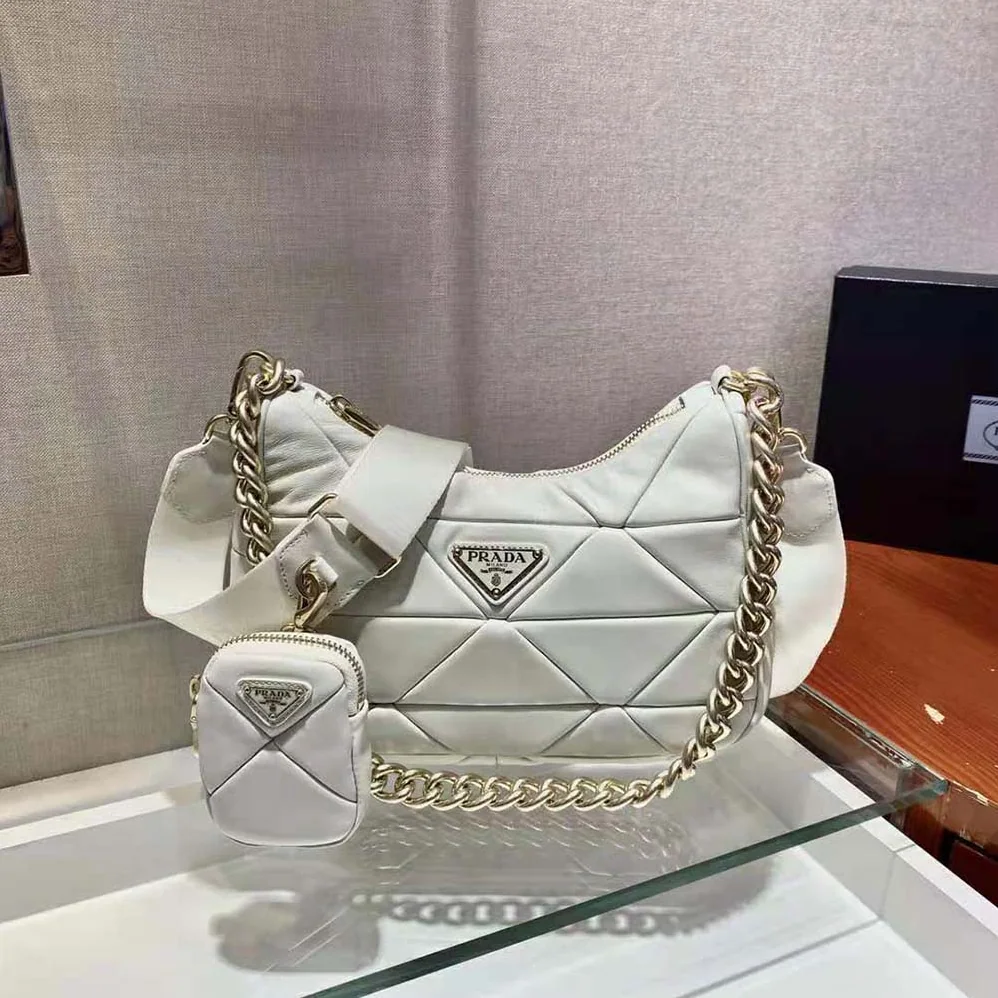 Prada System Nappa Leather Patchwork Shoulder Bag for Women in White Prada System Nappa Leather Patchwork Shoulder Bag for Women in White