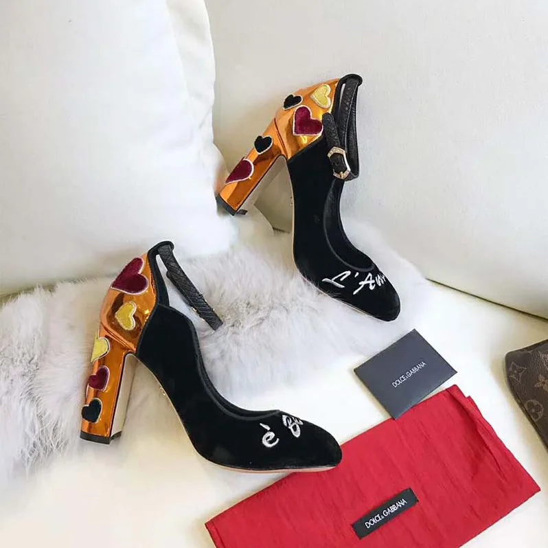 Dolce Gabbana D&G Shoes Velvet Pumps with Strap and Embroidery 90mm Heel for Women