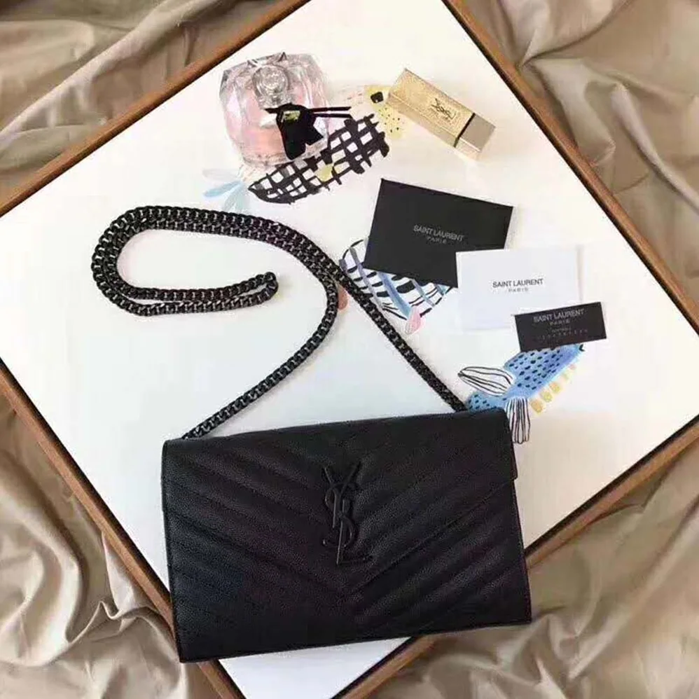 Saint Laurent Monogram Chain Wallet Grain De Poudre Embossed in Black