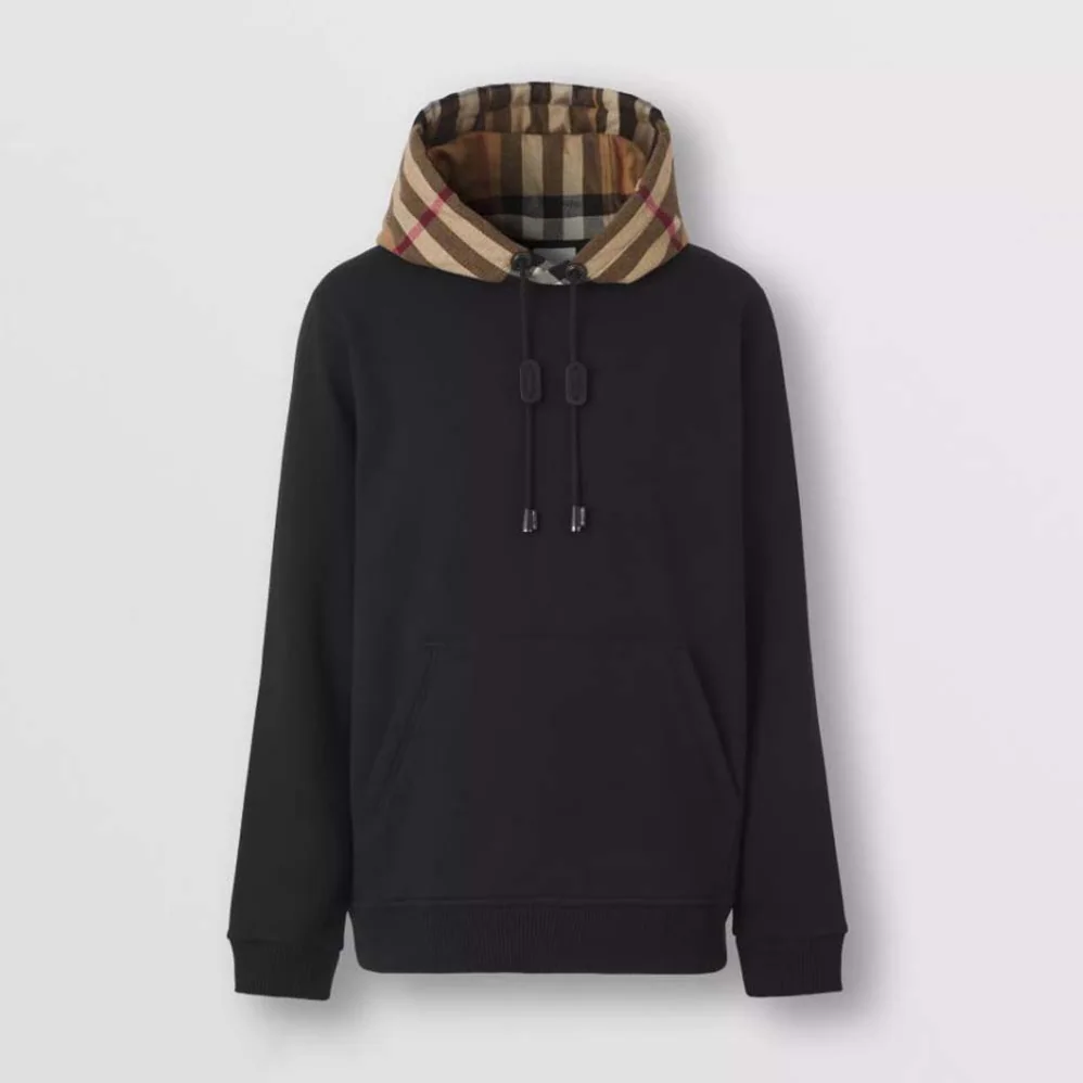 Burberry Check Hood Cotton Blend Hoodie for Men in Black Burberry Check Hood Cotton Blend Hoodie for Men in Black