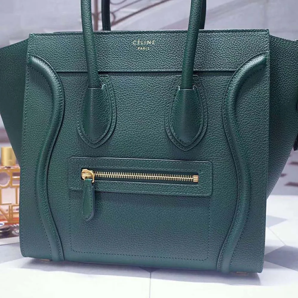 Celine Micro Luggage Handbag in Drummed Calfskin for Women in Dark Green Celine Micro Luggage Handbag in Drummed Calfskin for Women in Dark Green