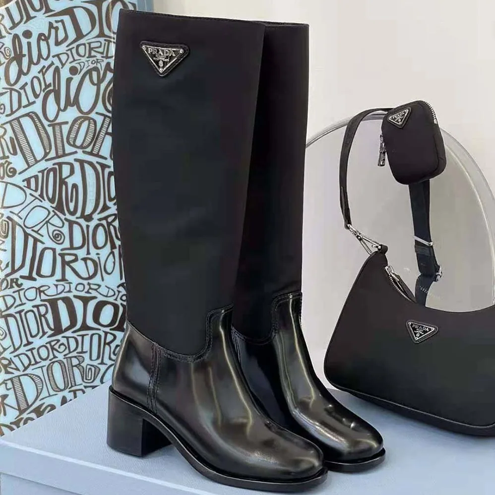 Prada Brushed Leather and Nylon Boots for Women in Black