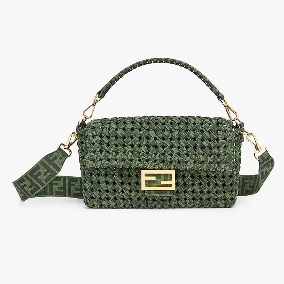 Fendi Baguette Jacquard Fabric Interlace Bag for Women in Green