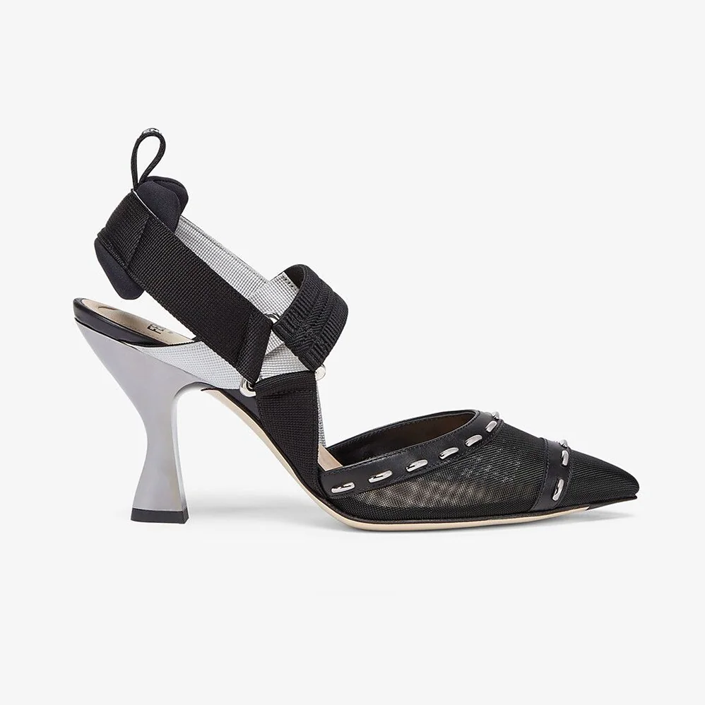 Fendi Colibri Black Mesh High-Heel Slingbacks with Metal Stitches for Women Fendi Colibri Black Mesh High-Heel Slingbacks with Metal Stitches for Women