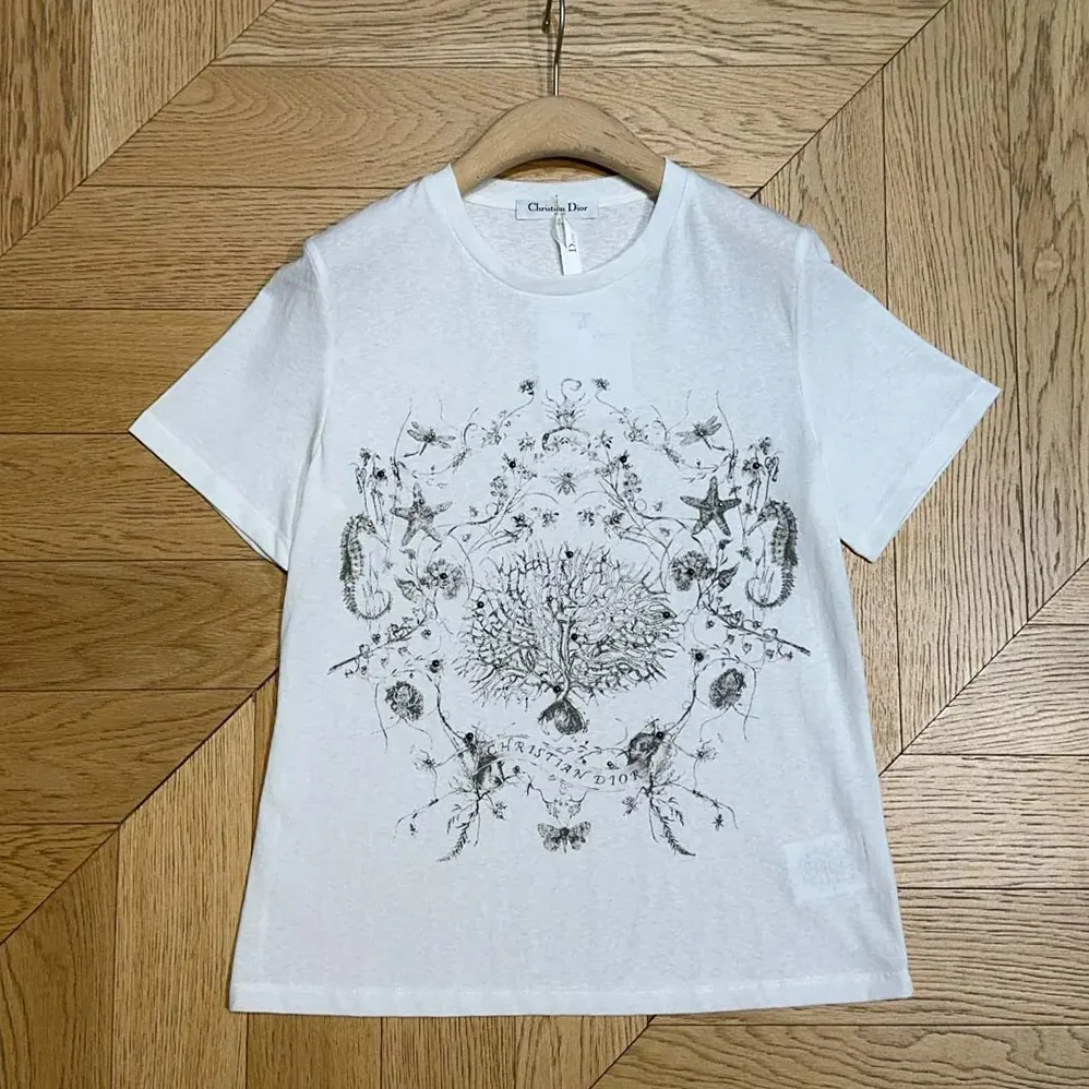 Dior T-Shirt White Cotton and Linen Jersey with Black Dior Cabinet de Curiosités Motif for Women