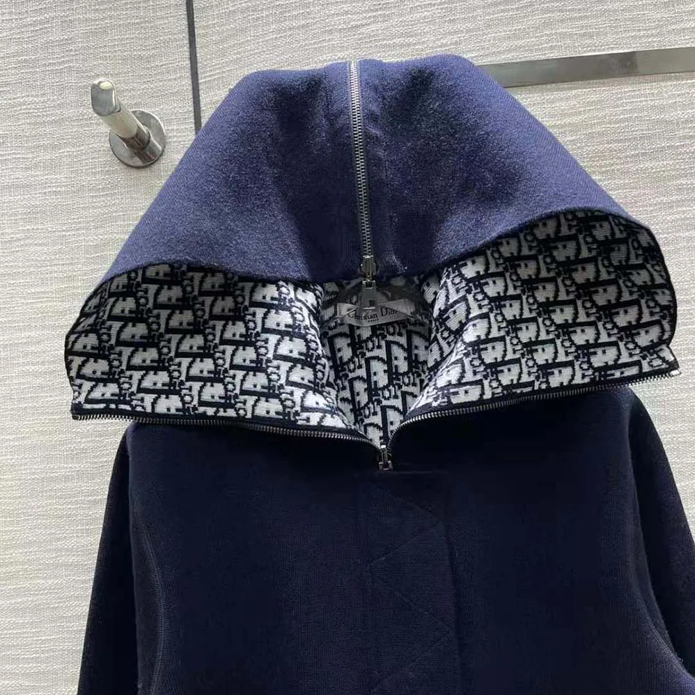 Dior Zipped-Hood Peacoat Navy Blue Double-Sided Wool and Silk with Dior Oblique Interior for Women Dior Zipped-Hood Peacoat Navy Blue Double-Sided Wool and Silk with Dior Oblique Interior for Women