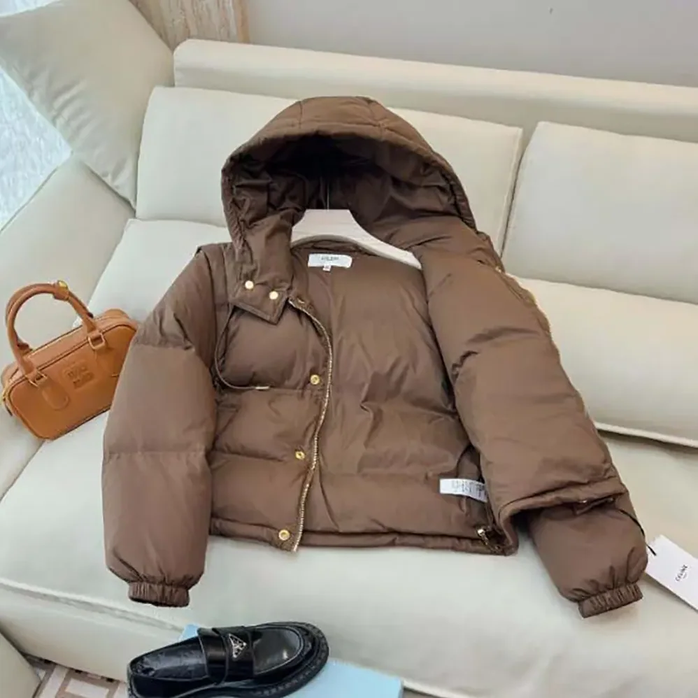 Celine Triomphe Cropped Down Jacket in Lightweight Nylon for Women in Brown