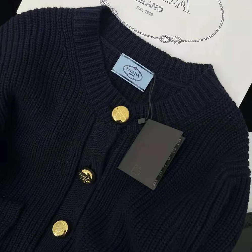 Prada Wool Cardigan with Contemporary Elegance Features Shiny Gold Buttons