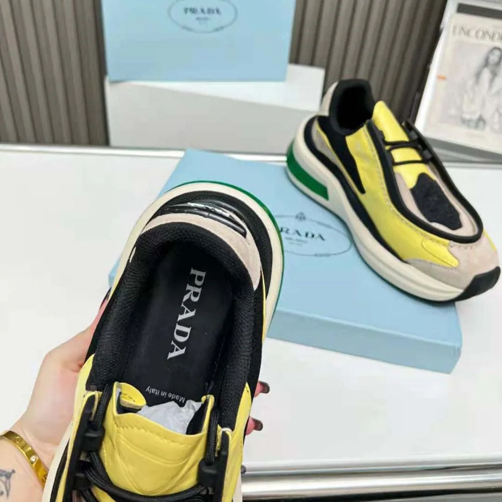 Prada Systeme Brushed Leather Sneakers with Bike Fabric and Suede Elements for Men in Yellow