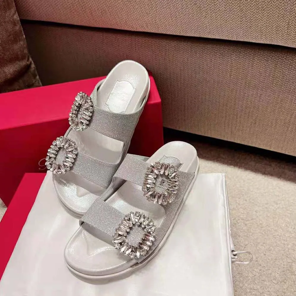 Roger Vivier Slidy Viv Strass Buckle Sandals in Fabric for Women in Gray Roger Vivier Slidy Viv Strass Buckle Sandals in Fabric for Women in Gray
