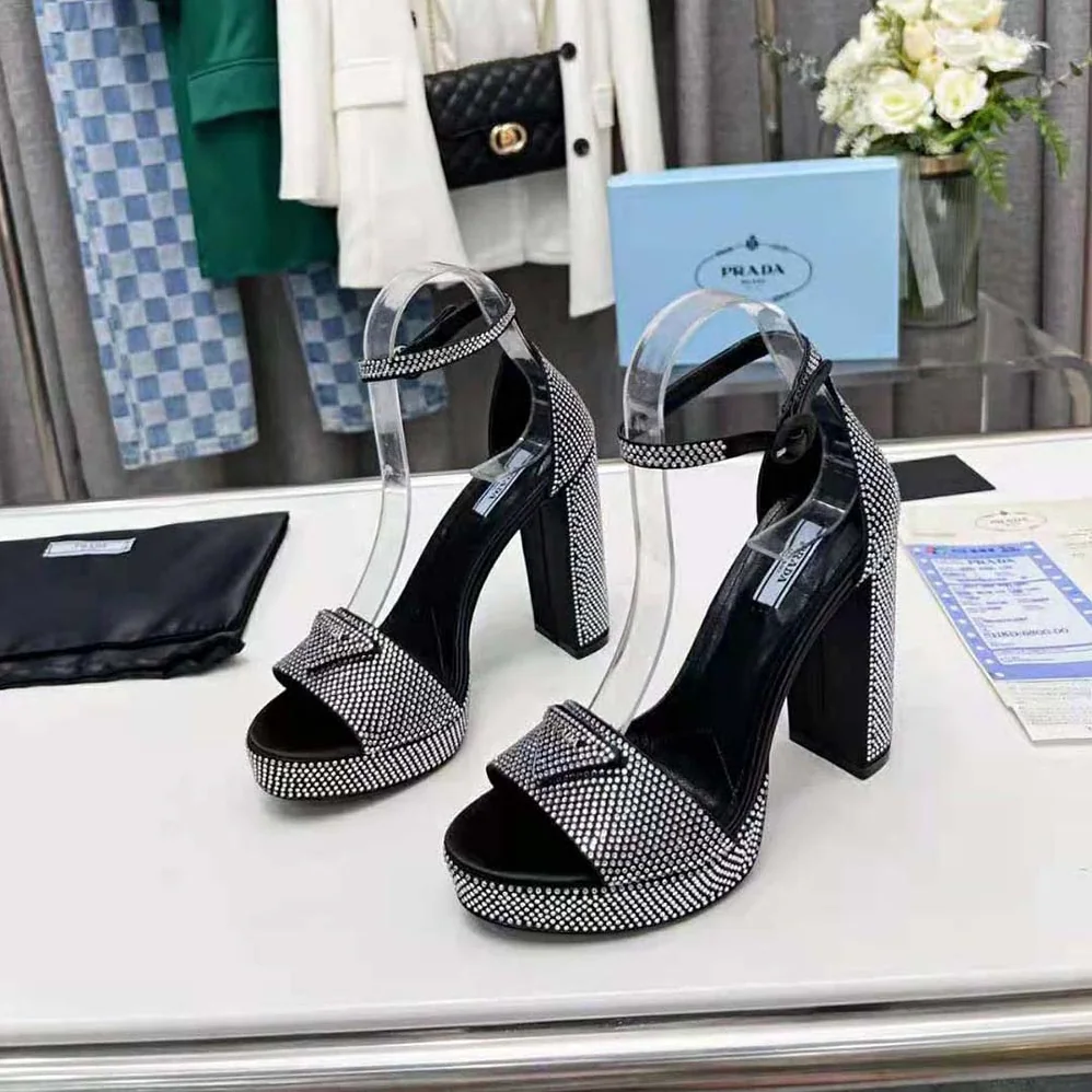 Prada Satin Platform Sandals with Crystals for Women in Black Prada Satin Platform Sandals with Crystals for Women in Black