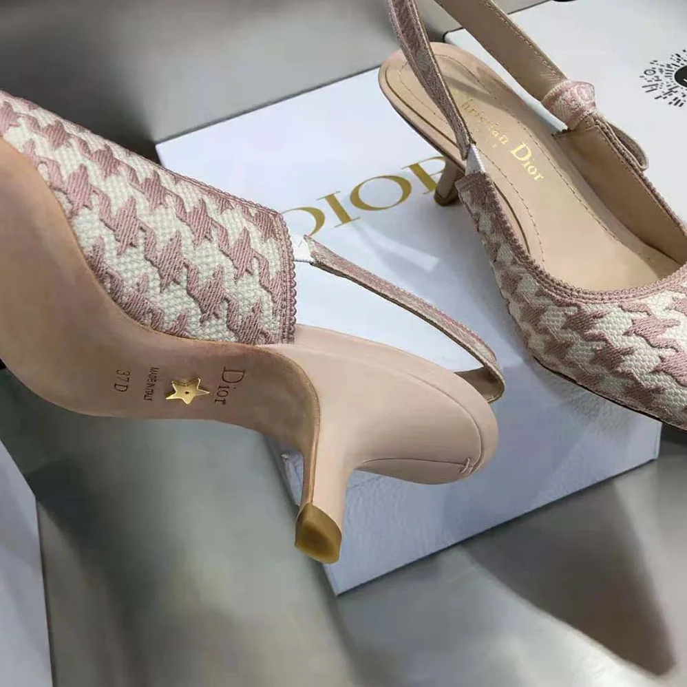 Dior J'Adior Slingback Pump Rose Des Vents Cotton Embroidery with Micro Houndstooth Motif for Women Dior J'Adior Slingback Pump Rose Des Vents Cotton Embroidery with Micro Houndstooth Motif for Women