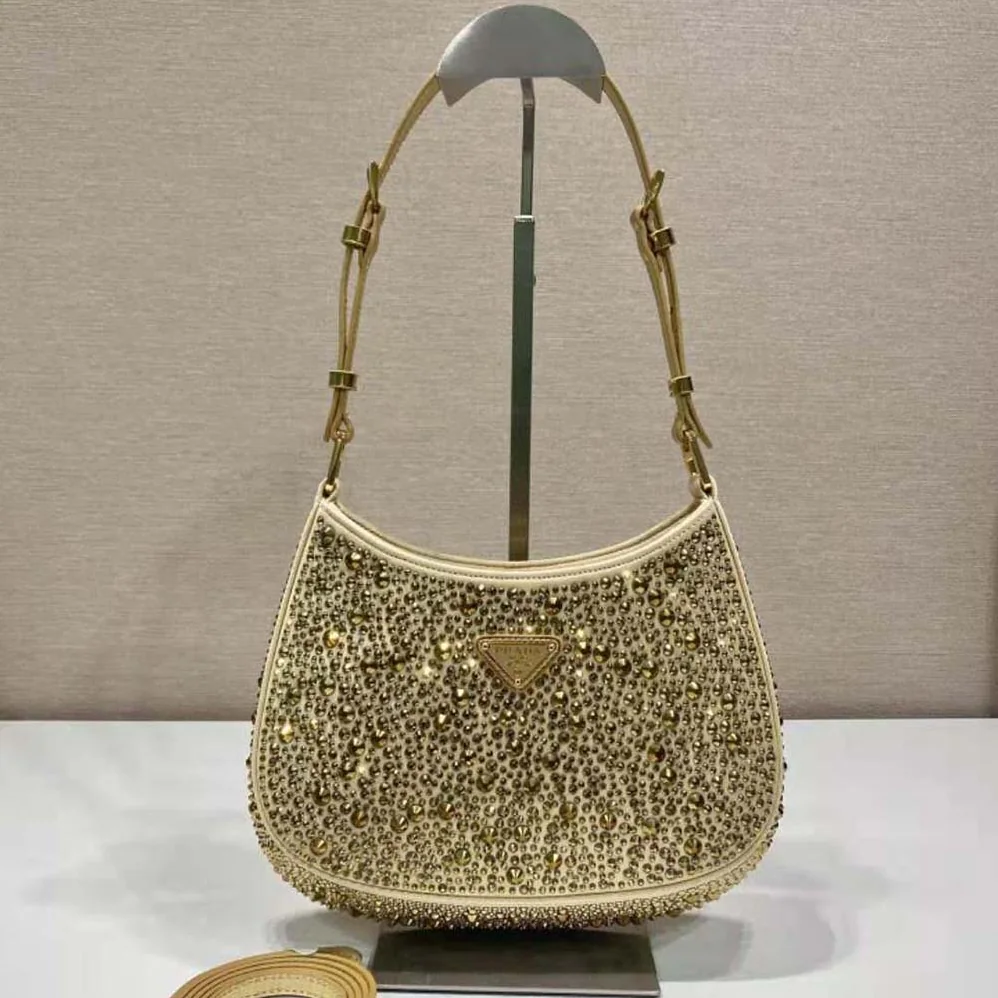 Prada Cleo Satin Bag with Crystals for Women in Gold Prada Cleo Satin Bag with Crystals for Women in Gold