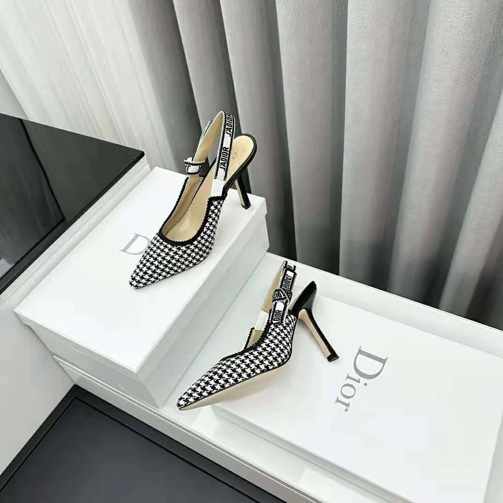Dior J'Adior Slingback Pump White and Black Micro for Women in Houndstooth Embroidered Cotton