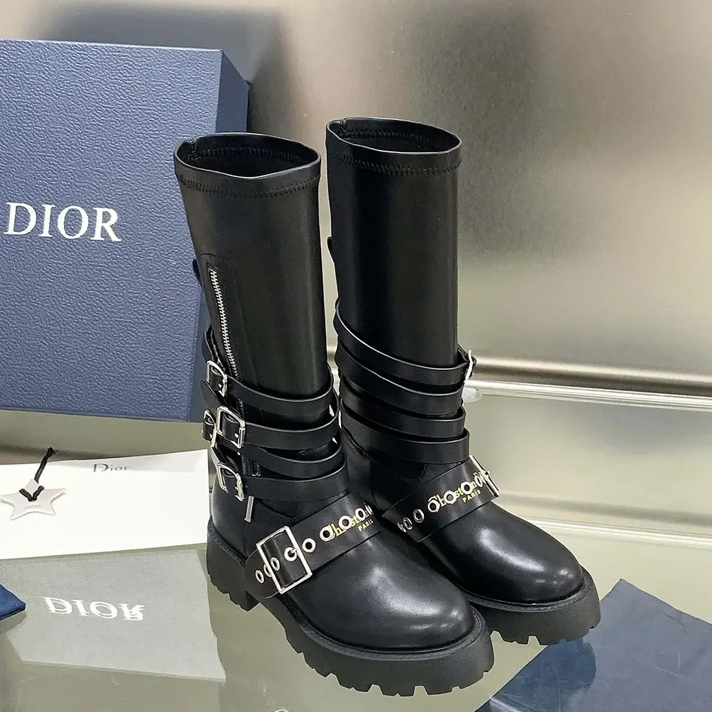 Dior D-Fight Ankle Boot Black Calfskin and Leather for Women in Effect Stretch Material Dior D-Fight Ankle Boot Black Calfskin and Leather for Women in Effect Stretch Material