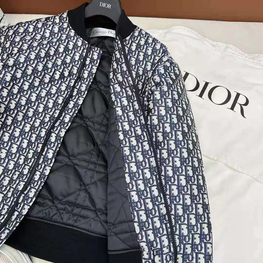 Dior Bomber Jacket with Criss Cross Collar Blue and Ecru Technical Taffeta Jacquard for Women Dior Bomber Jacket with Criss Cross Collar Blue and Ecru Technical Taffeta Jacquard for Women