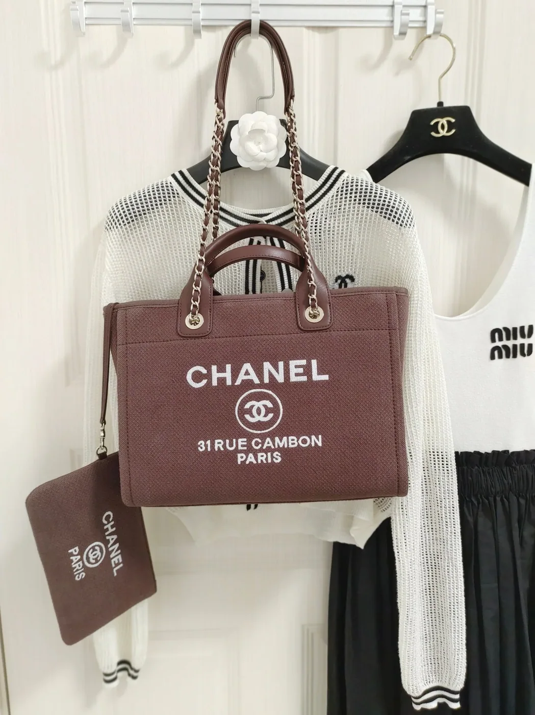 Chanel Deauville Tote Bag in Burgundy Silver Hardware
