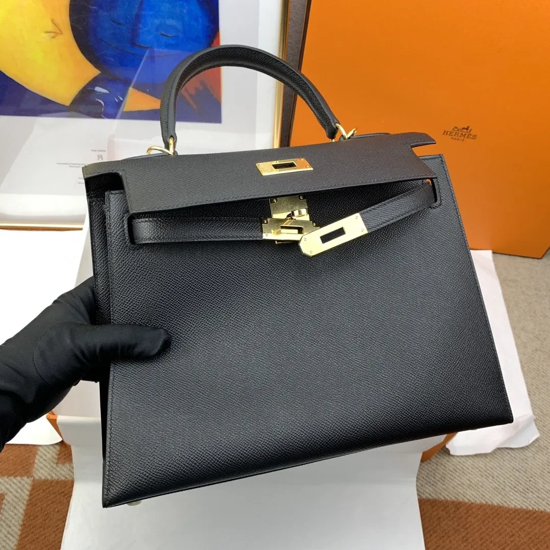 Hermes Kelly 28 Sellier Epsom Black Bag