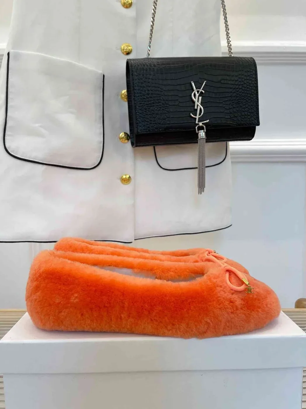 Celine Les Ballerines Celine Ballerina With Triomphe Laces And Fur Orange