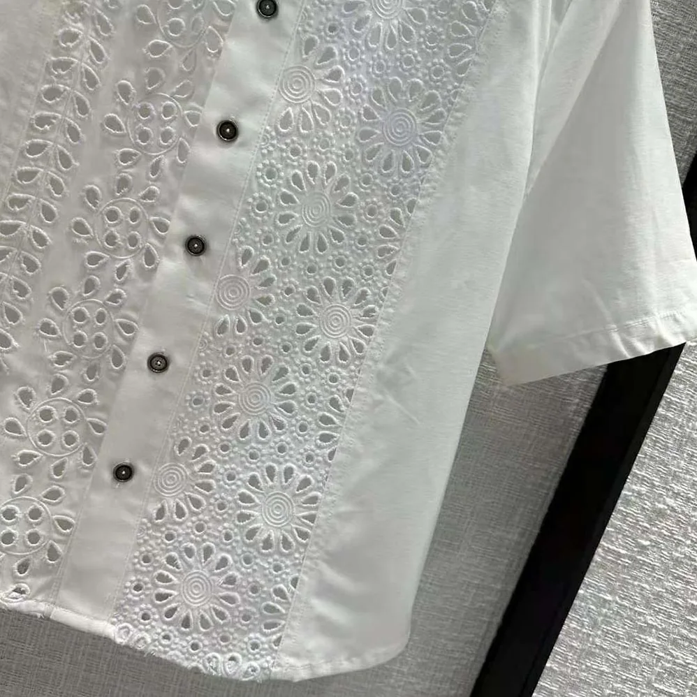 Dior Short Buttoned Blouse White Cotton Denim with Saint for Women in Gall Motif