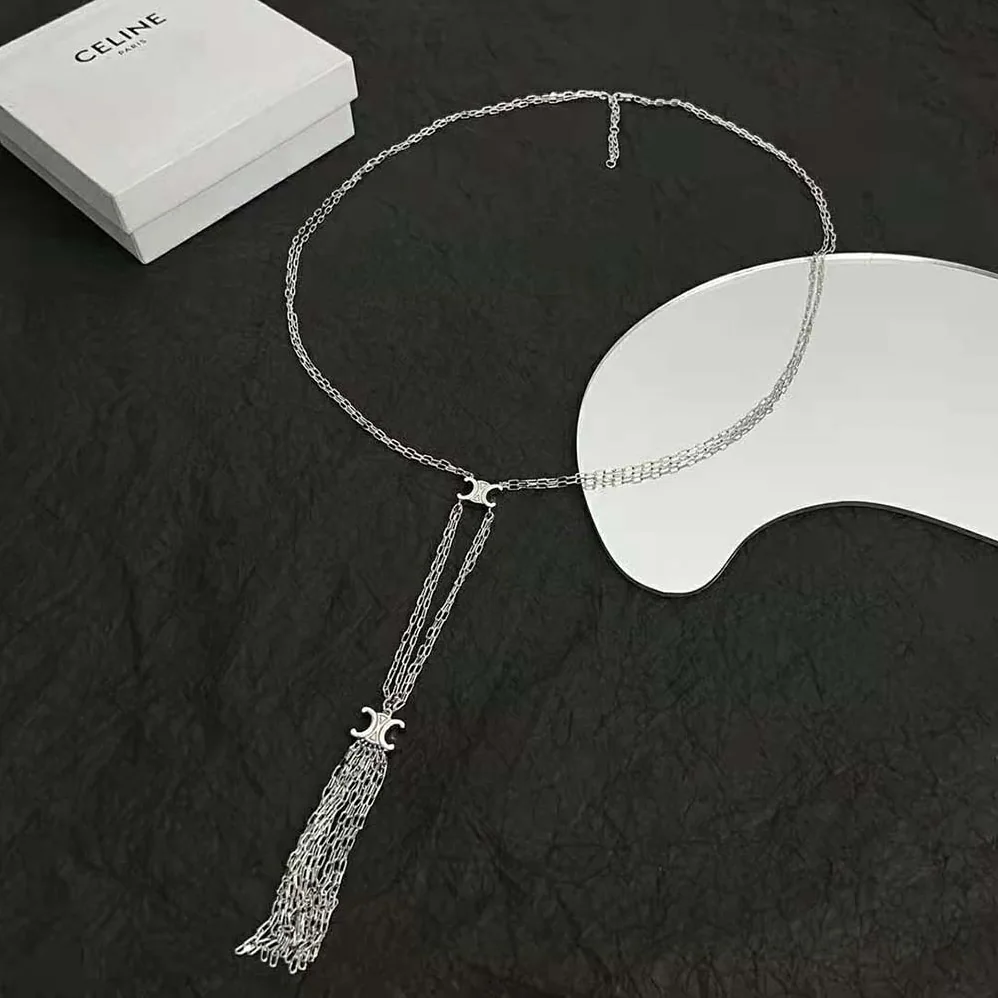 Celine Triomphe Folk Tie Long Necklace in Brass with Rhodium Finish for Women Celine Triomphe Folk Tie Long Necklace in Brass with Rhodium Finish for Women