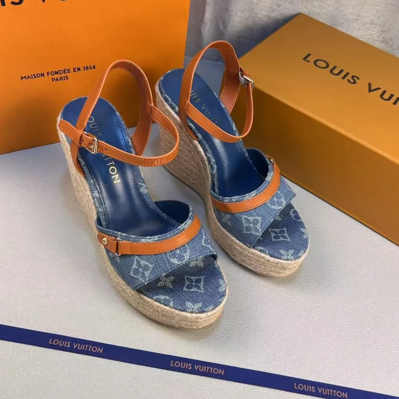 Louis Vuitton Helios Wedge Sandals Blue 1ACIZV Louis Vuitton Helios Wedge Sandals Blue 1ACIZV