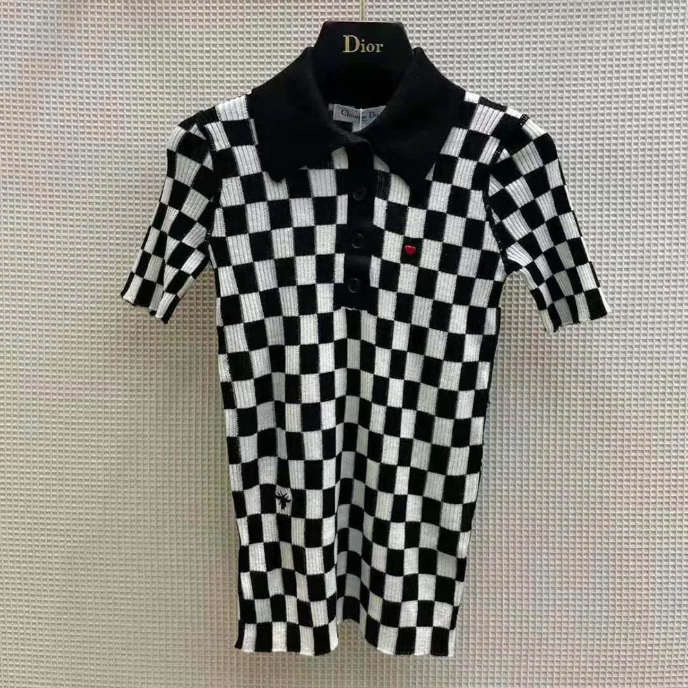 Dior Dioramour Polo Shirt Black and White D-Chess Heart Cashmere Knit and Silk for Women Dior Dioramour Polo Shirt Black and White D-Chess Heart Cashmere Knit and Silk for Women