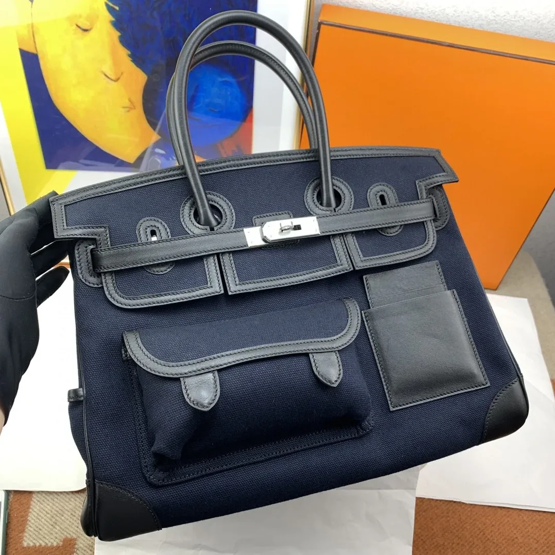 Hermes Birkin Cargo 35 Top Handle Bag in Navy Blue Silver Hardware Hermes Birkin Cargo 35 Top Handle Bag in Navy Blue Silver Hardware