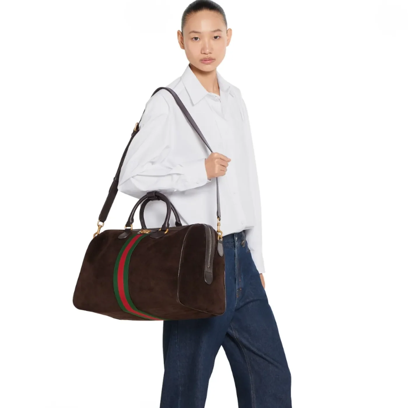 Gucci Savoy Medium Duffle Travel Bag in Dark Brown Gold Hardware