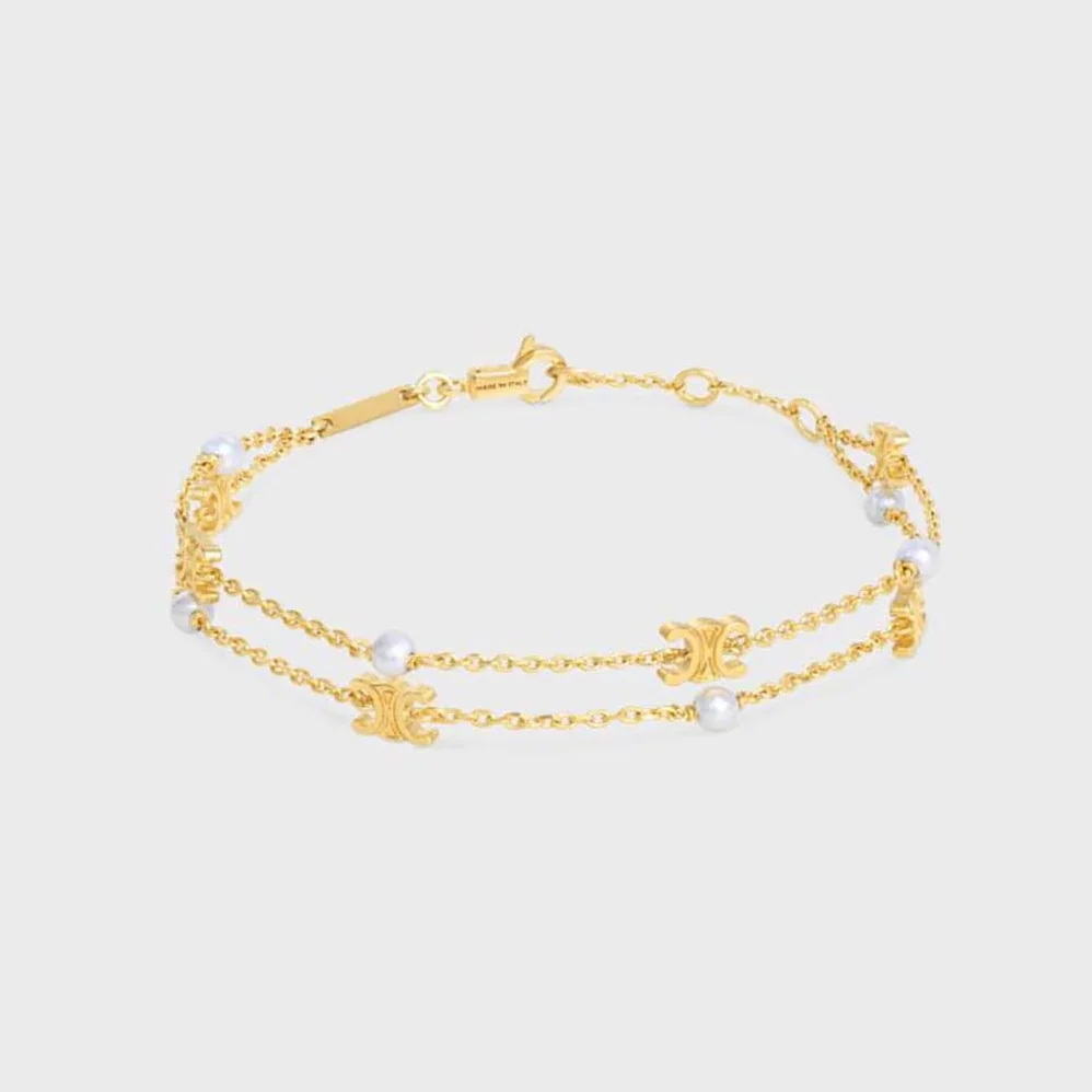 Celine Triomphe Pearl Double Bracelet in Brass with Gold Finish and Resin Pearls for Women