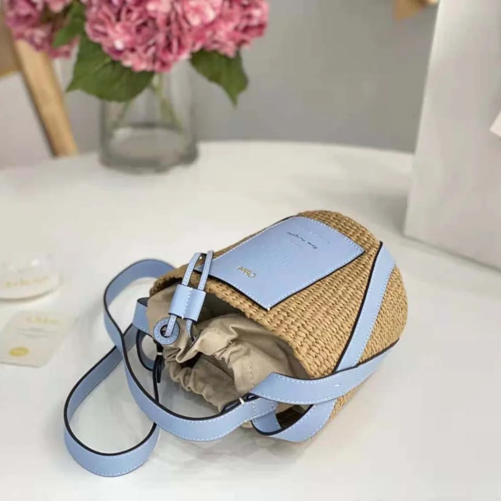 Chloe Small Basket in Fair-Trade Paper and Shiny Calfskin for Women in Blue Chloe Small Basket in Fair-Trade Paper and Shiny Calfskin for Women in Blue