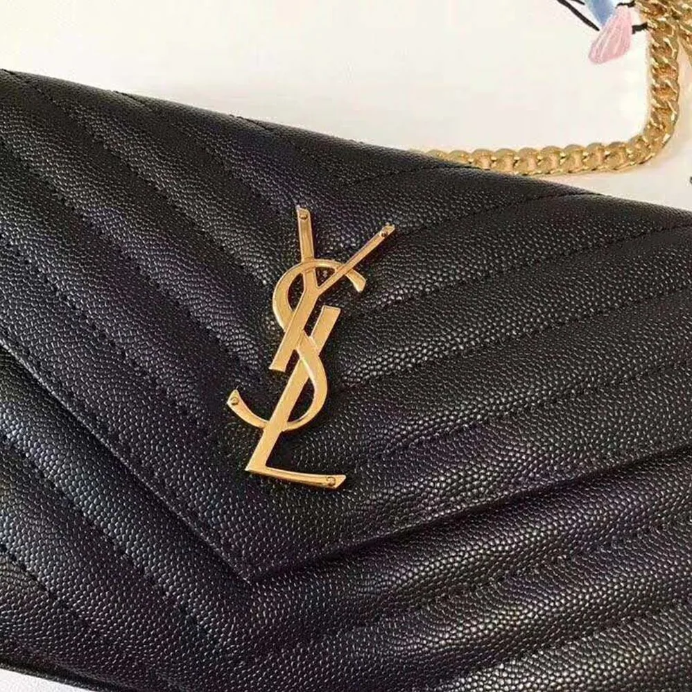 Saint Laurent Monogram Chain Wallet Grain De Poudre Embossed in Gold