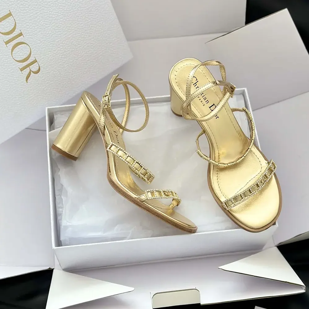 Dior Diorissime Heeled Sandal Gold-Tone Laminated Lambskin and Silver for Women in Tone Strass Dior Diorissime Heeled Sandal Gold-Tone Laminated Lambskin and Silver for Women in Tone Strass
