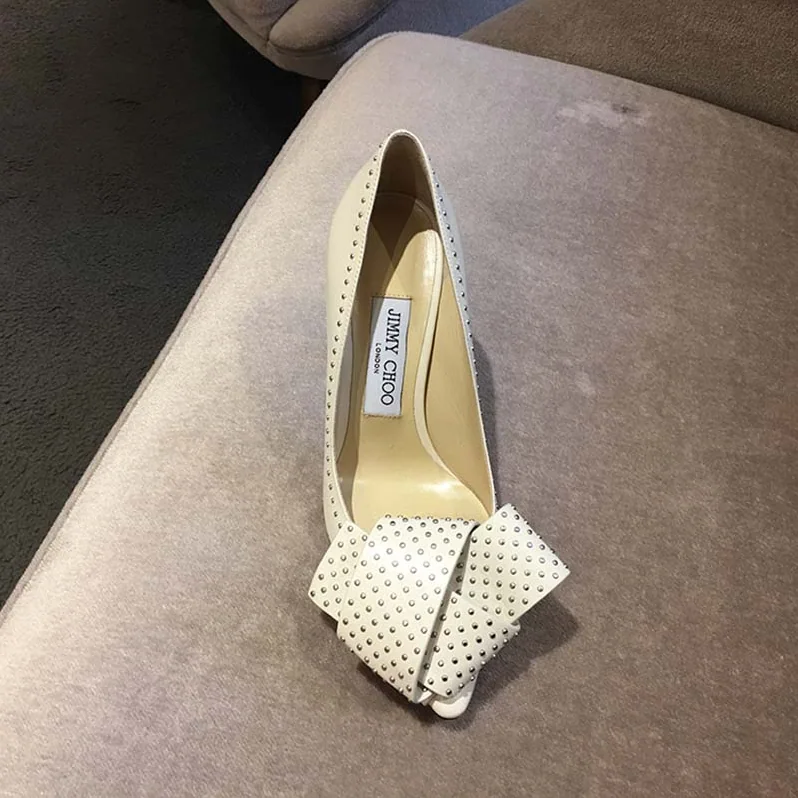 Jimmy Choo Tegan 100 Kid Leather with Studded Bow Detailing Shoes White for Women Jimmy Choo Tegan 100 Kid Leather with Studded Bow Detailing Shoes White for Women
