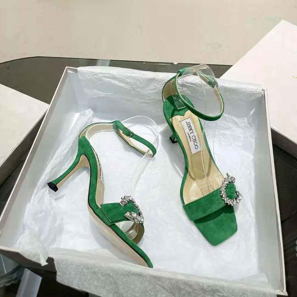 Jimmy Choo Marsai 90 Malachite Suede Sandals with Crystal Buckle for Women Jimmy Choo Marsai 90 Malachite Suede Sandals with Crystal Buckle for Women