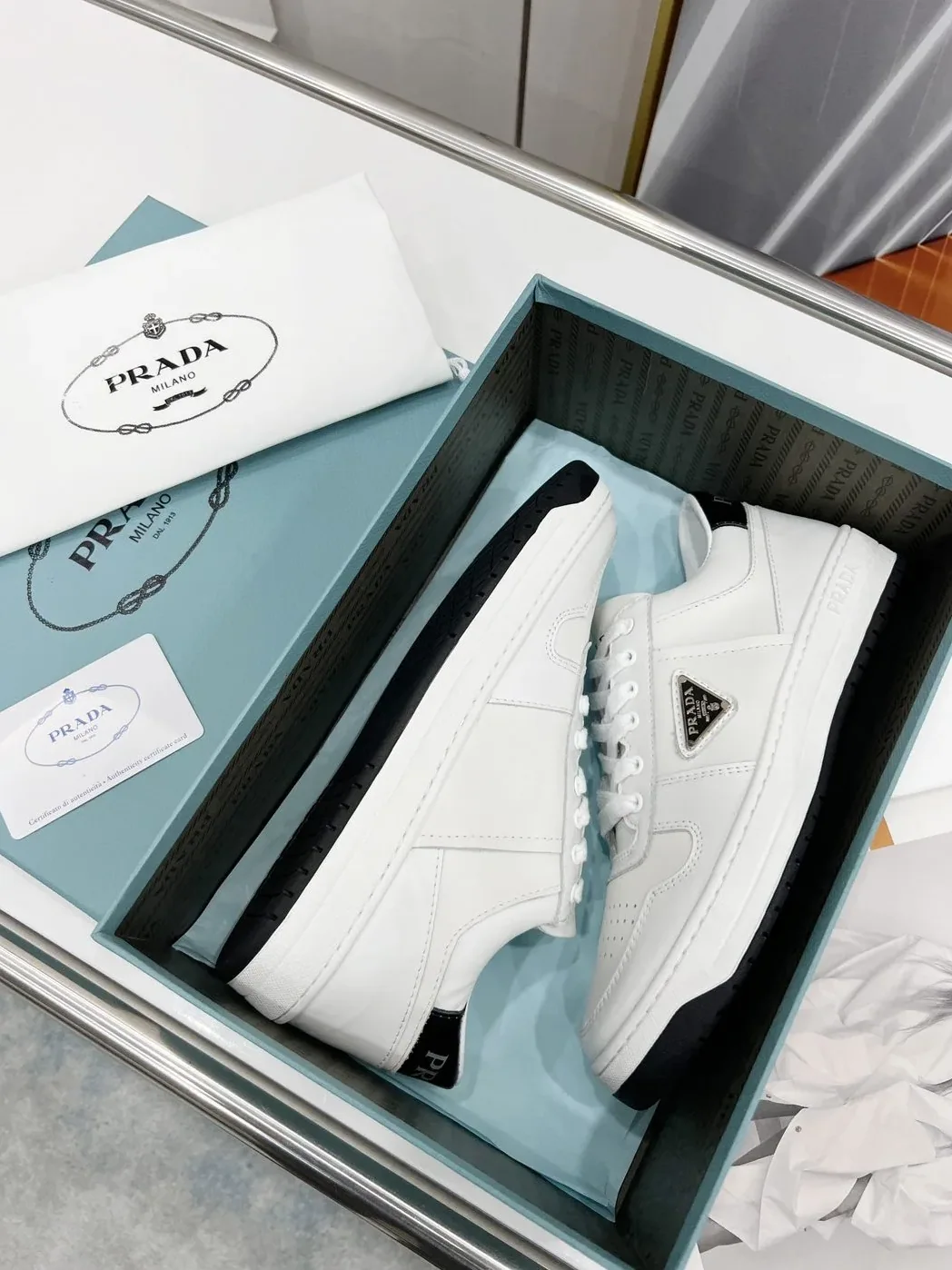 Prada Downtown Perforated Sneakers White in Black /