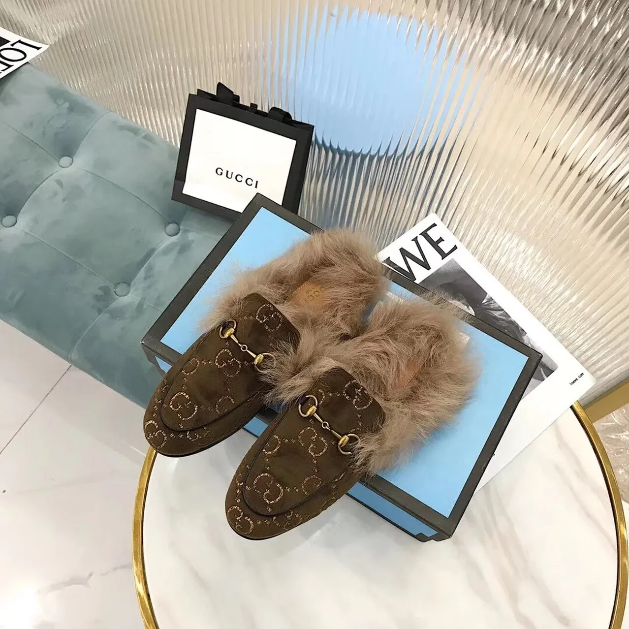 Gucci Princetown Velvet Fur Slipper Mules Calfskin Leather Pre-Fall/Winter Collection, Brown Gucci Princetown Velvet Fur Slipper Mules Calfskin Leather Pre-Fall/Winter Collection, Brown