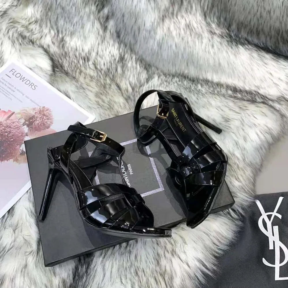 Saint Laurent YSL Tribute Sandals in Patent Leather in 105mm Heel Hight for Women in Black